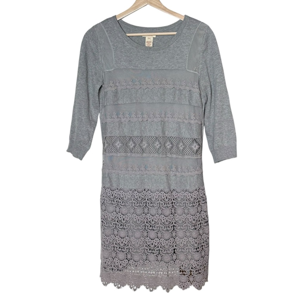 Sundance Crochet Lace Knit Layered Gray Shift Dress Size S Boho Knee Length